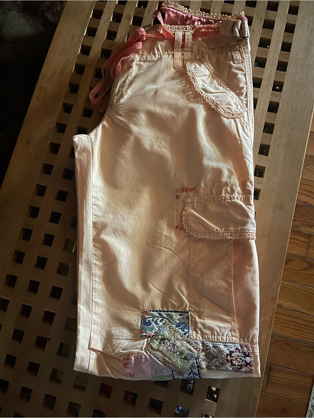 Miss Me Peach Patchwork Cargo Pants with Pink Drawstring - Picture 3 of 4